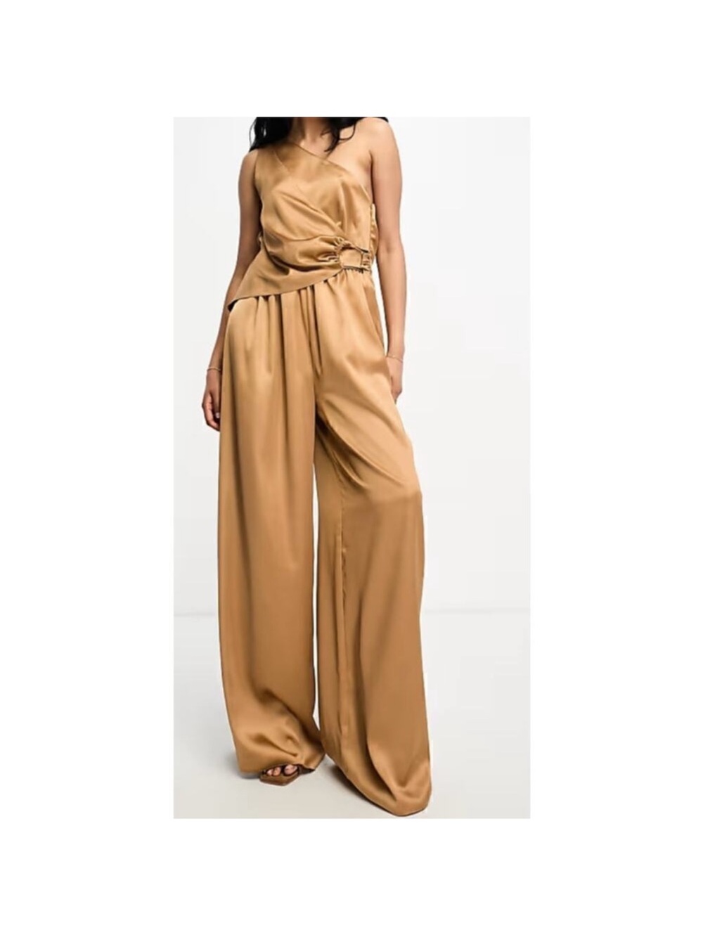 ASOS Gold Satin Draped One Shoulder Wide-Leg Jumpsuit with Gold Ring Detail